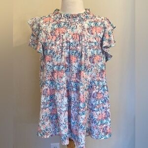 JODIFL Floral Ruffle Sleeve Blouse - Pink and Blue